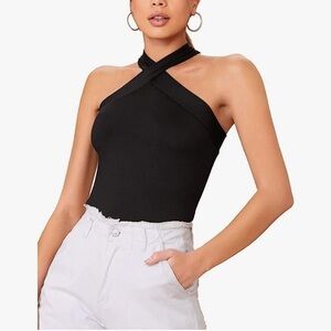 Women's Solid Criss Cross Halter Top Sleeveless Tee Shirt